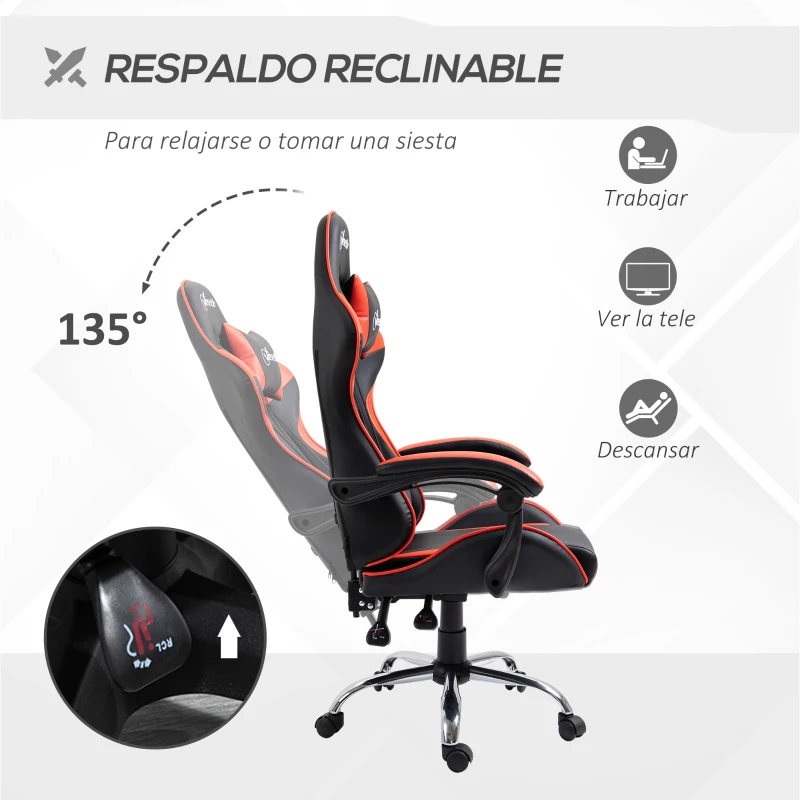 Vinsetto Silla Gaming Silla Racing Giratoria con Altura Ajustable Reclinable de 135° y Cojín Lumbar 63x67x122-130 cm Rojo