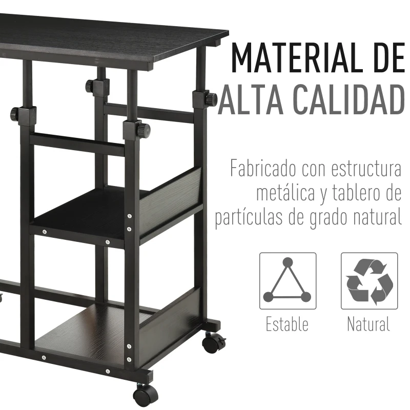 HOMCOM Mesa Auxiliar con Ruedas 80x40 cm Mesa para Sofá en Forma de C con Altura Ajustable 3 Niveles de 72-82 cm Marco de Metal para Salón Cocina Negro