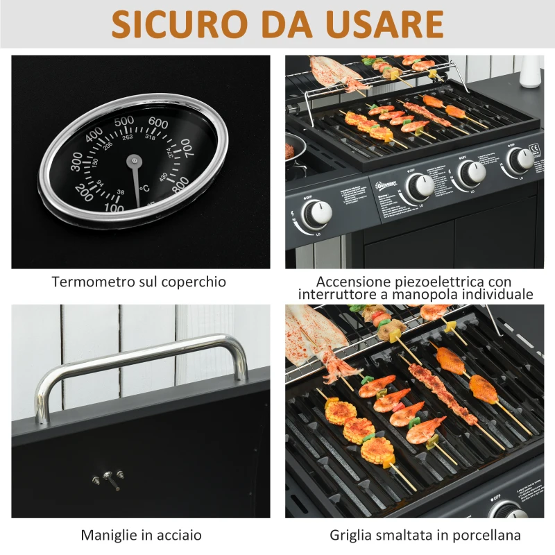 Outsunny Barbecue a Gas con Coperchio, 4 Bruciatori da 11.6kW, Fornello, Mensola e 2 Ruote, 110x50x100cm Nero