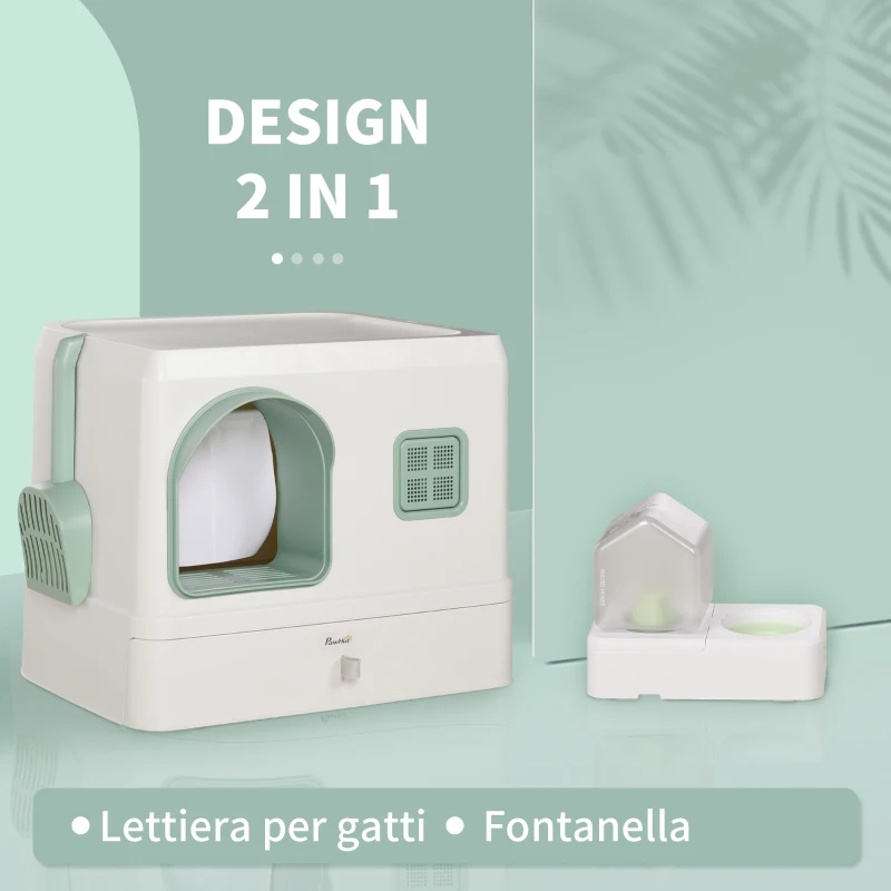 PawHut Lettiera Coperta per Gatti e Fontanella, Vassoio e paletta 50x40x40cm, Verde e Bianca