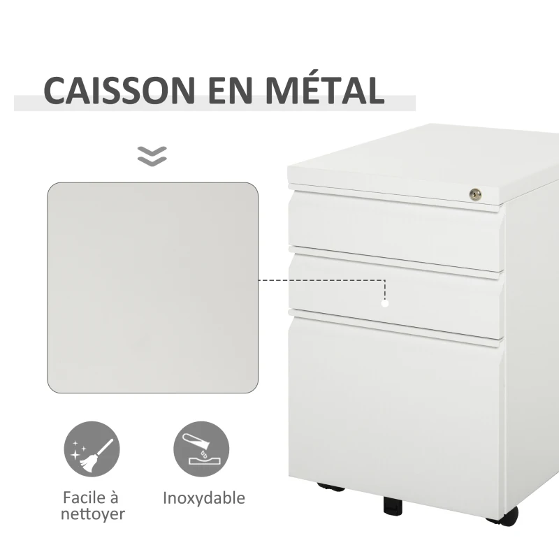 HOMCOM Caisson de bureau mobile rangement bureau sur roulettes 3 tiroirs verrouillables 39 x 48 x 60 cm blanc