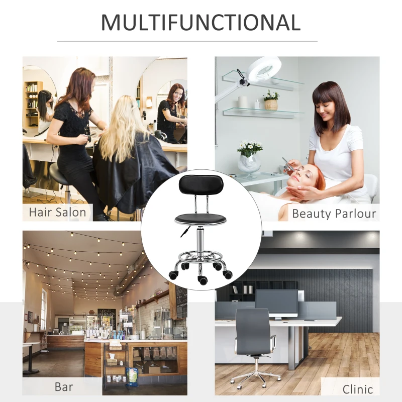 HOMCOM Salon Massage Chair, Height Adjustable Mid Back Swivel Stool on Wheels with PU Leather and Footrest for Hairdressing, Spa, Beauty, Tattoo, Manicure, Black