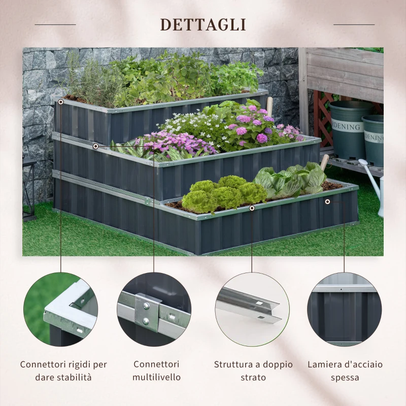 Outsunny Aiuola Rialzata a 3 Livelli, Modulabile e a Fondo Aperto, in Acciaio, 118x118x62 cm, Grigio Scuro