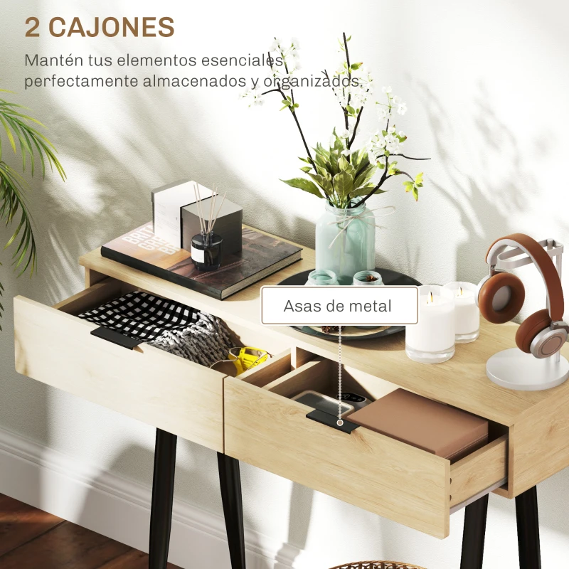 HOMCOM Mueble para Recibidor con 2 Cajones y Patas de Acero para Recibidor Entrada Pasillo 100x30x80,5 cm Roble