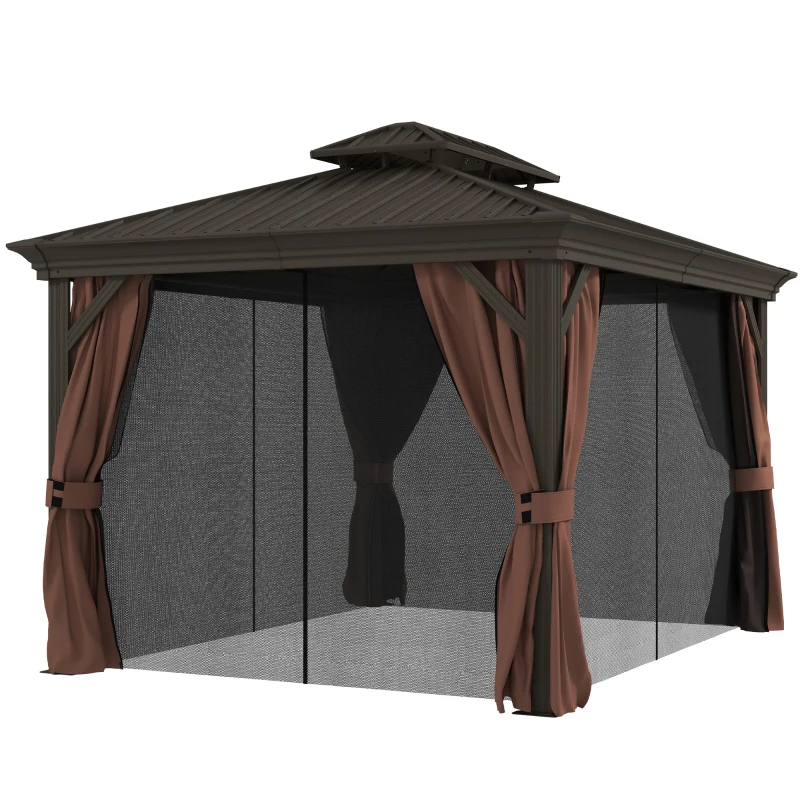 Outsunny 3 x 3.7m Outdoor Hardtop Gazebo Canopy Aluminium Frame with 2-Tier Roof & Mesh Netting Sidewalls for Patio, Dark Brown