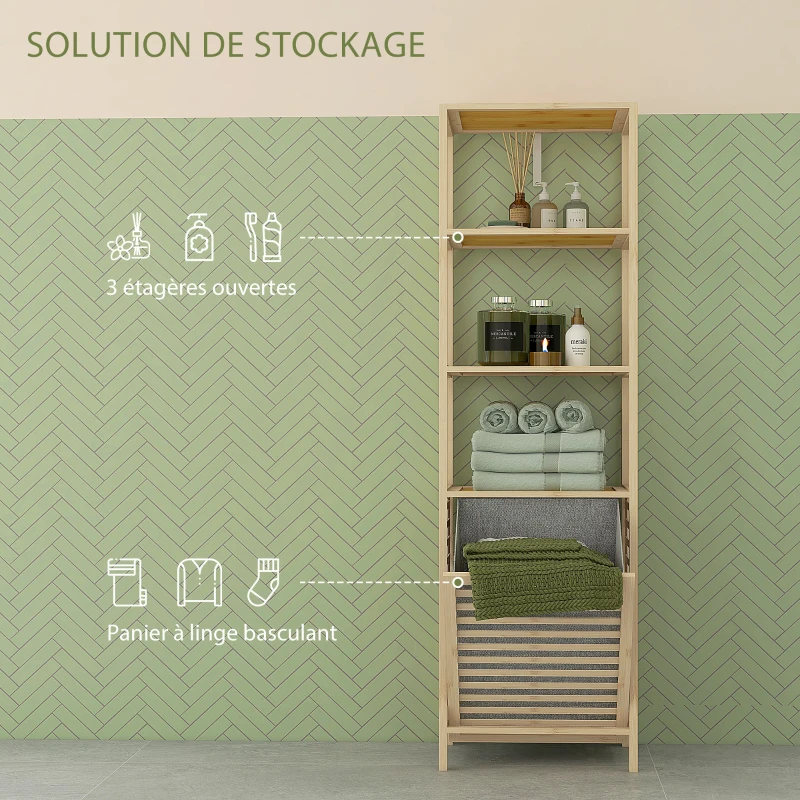 HOMCOM Etagère de rangement pour salle de bain en bambou avec 3 étagères et 1 panier à linge amovible 44L x 33l x 160H cm