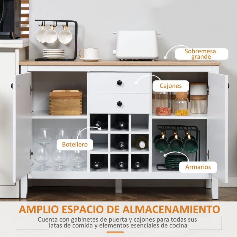 HOMCOM Aparador de Cocina Moderno con Cajones y Botellero Mueble Auxiliar para Comedor Salón 110x35x75 cm Blanco