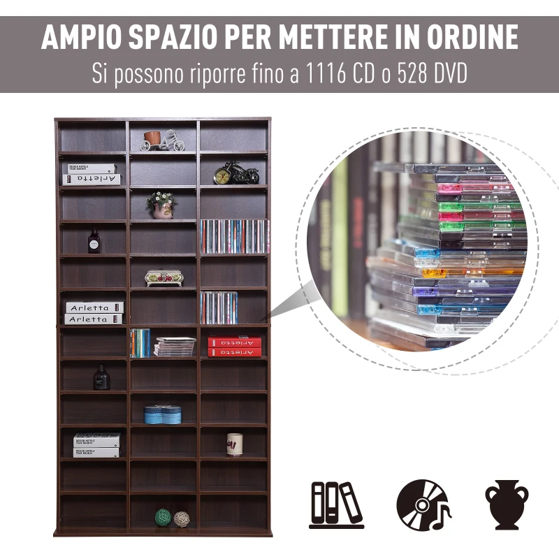 HOMCOM Mobile Porta CD con Ripiani Regolabili, Scaffale Porta 1116CD/528DVD Salvaspazio in MDF, Mobile Libreria con 36 Scomparti, 102x23.5x195 cm, Marrone