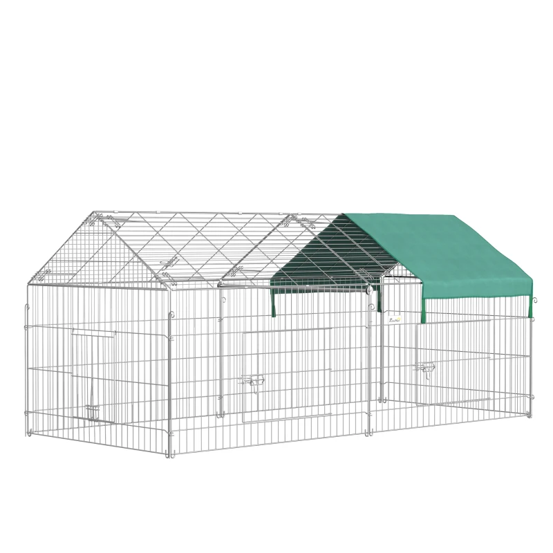 PawHut Jaula Recinto para Animales Pequeños con 2 Puertas y Toldo para Exterior Jardín Patio 220x103x103cm Plata y Verde