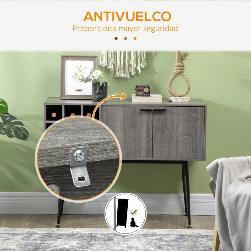 HOMCOM Aparador de Cocina Mueble Buffet Auxiliar con Armario y Botellero para Salón Comedor 106,6x40x82 cm Gris