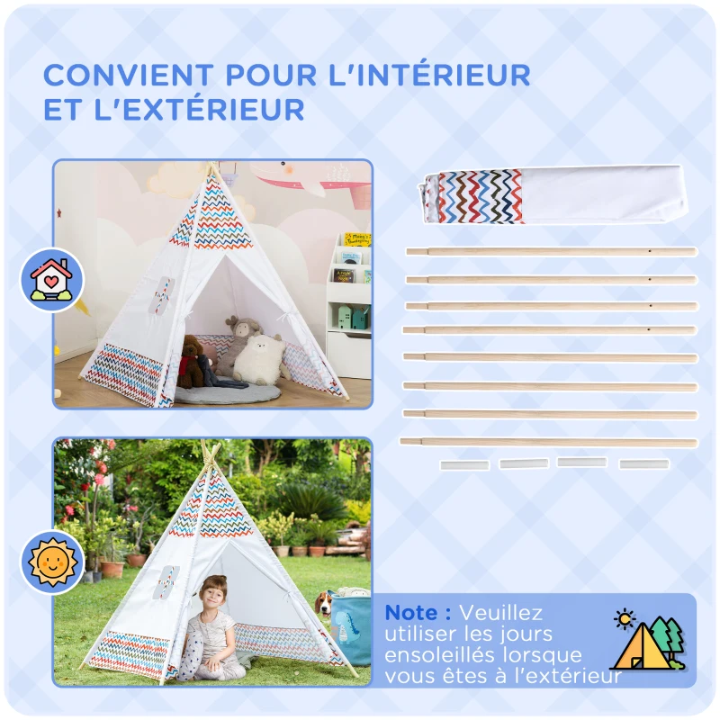HOMCOM Tente Teepee Indien Tente de jeu pour enfant tipi enfant interieur Style Graphique - dim. 1,2L x 1,2I x 1,55H m Porte refermable fenêtre Polyester Coton Intérieur Extérieur Blanc Multicolore