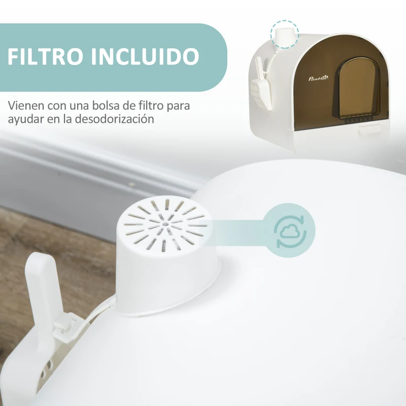 PawHut Arenero para Gatos Caja de Arena Cerrada para Gatos con Bandeja Extraíble Pala y Filtro 43x44x47 cm Blanco