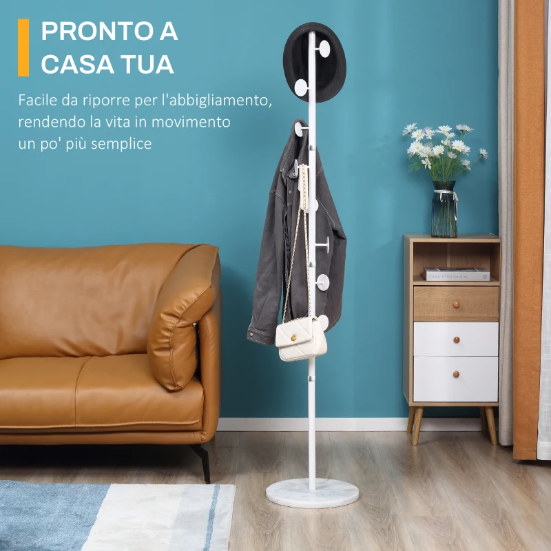 HOMCOM Albero Appendiabiti in Acciaio con 8 Ganci e Base Rotonda in Marmo, 35x35x170 cm, Bianco