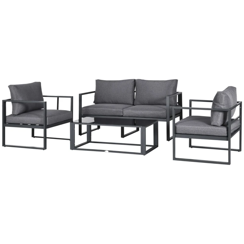 Outsunny 4 Pieces Garden Sofa Set 2 Single Armchair 1 Bench & Side Table Set Aluminium Frame Patio Furniture with Cushions Grey