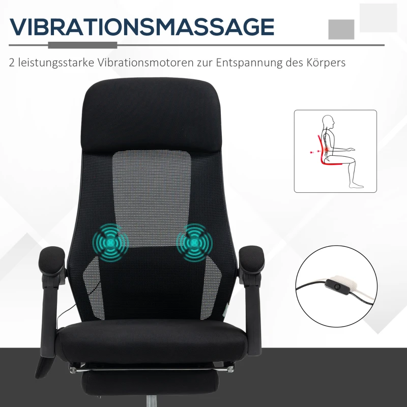 Vinsetto Bürostuhl mit Massagefunktion, Massagesessel, inkl. Fußstütze, 2 Vibrationspunkte, USB-Schnittstelle, Schwarz