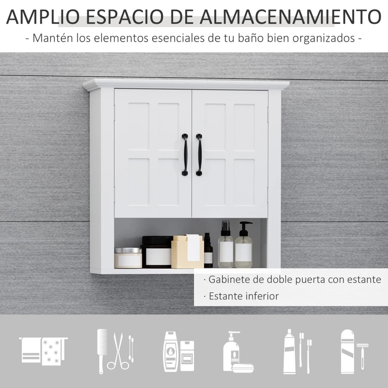HOMCOM Armario de Pared para Baño con 2 Puertas y Estante Abierto para Aseo Dormitorio Ducha 60x19,8x58 cm Blanco
