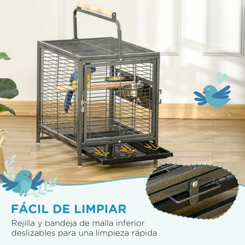 PawHut Jaula para Pájaros Portátil con 2 Perchas de Madera 2 Comederos y Bandeja Extraíble 48x38x47,8 cm Negro