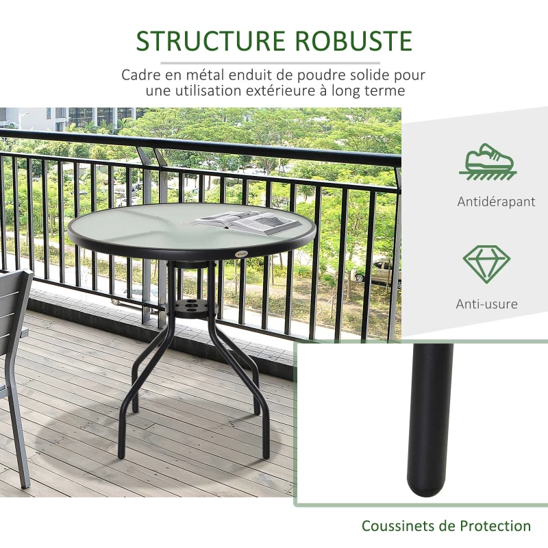 Outsunny Table Ronde Bistro de Jardin dim. Ø 80 x 72H cm Espace Installation Parasol Acier époxy Noir Plateau Verre trempé