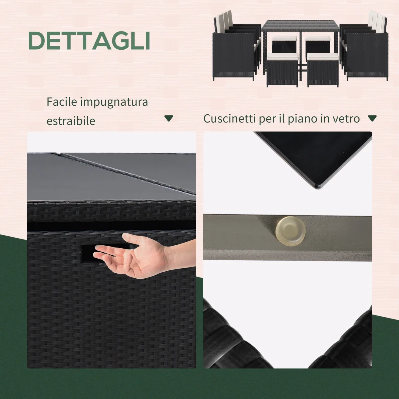 Outsunny Set 11 PZ Mobili da Giardino in Rattan da Esterno con Tavolo in Vetro Temperato e Cuscini, Set da Pranzo, Nero
