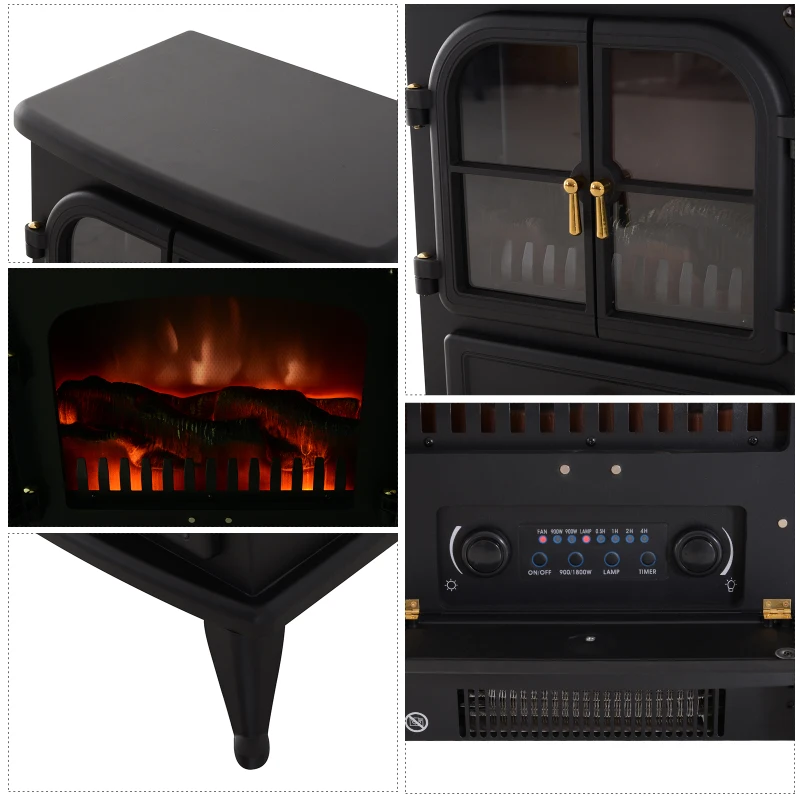 HOMCOM Cheminée électrique poêle style rétro thermostat 900-1800 W minuterie et télécommande noir