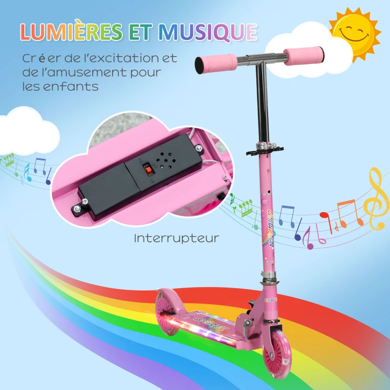 HOMCOM Trottinette pour enfants de 3 à 7 ans pliable roues lumineuses en PU musique 67 x 32 x 78 cm rose