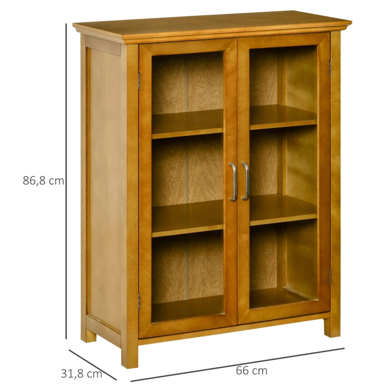 HOMCOM Aparador Auxiliar con 2 Puertas de Vidrio Armario de Salón Multiusos con 2 Estantes Ajustables 66x31,8x86,8 cm Nogal