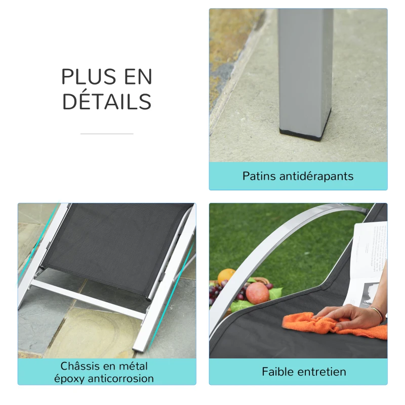 Outsunny Lot de 2 bains de soleil design contemporain table basse plateau verre trempé métal époxy textilène gris foncé