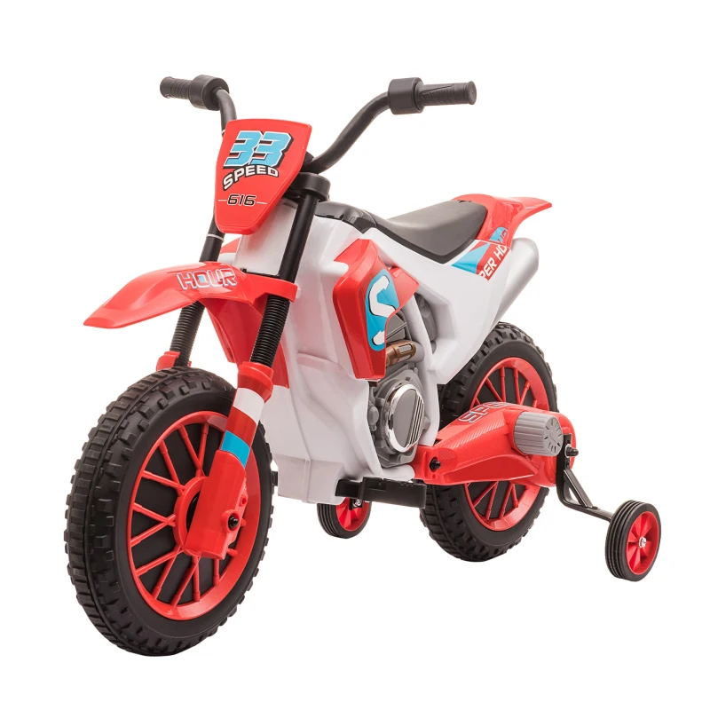 HOMCOM Moto Cross électrique Enfant 3 à 5 Ans 12 V 3-8 Km/h avec roulettes latérales Amovibles dim. 106,5L x 51,5l x 68H cm Rouge(m-10)