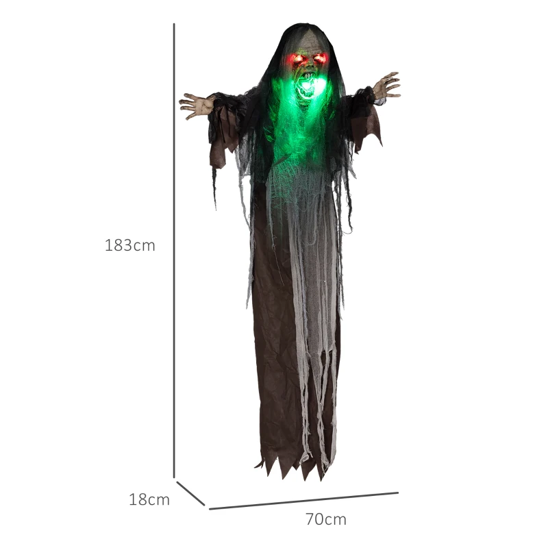 HOMCOM Grünes Monster, Helloweendeko, gruselige Soundeffekte, rote Augen, beweglich, 183 cm(m-3)