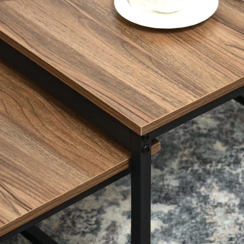 HOMCOM Satztisch-Set aus 2 Beistelltischen, Industrial Design, schwarzer Stahlrahmen, Tischplatte in Holzoptik