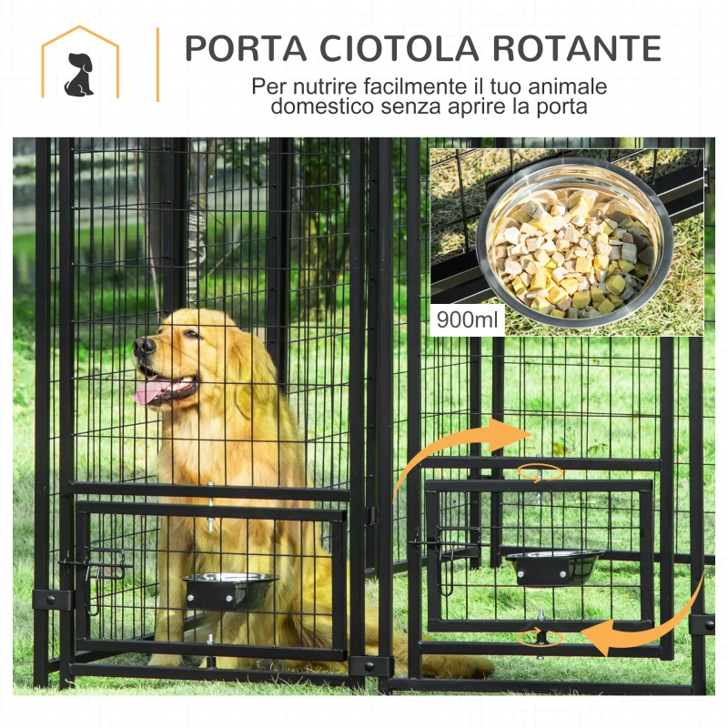 PawHut Kennel per Cani in Acciaio per Interni ed Esterni con Tettuccio in Tessuto Oxford e 2 Ciotole, 244x122x183 cm
