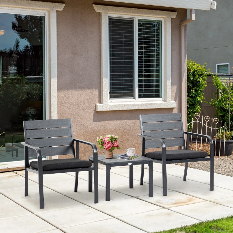 Outsunny Set da Giardino 3 Pezzi con Tavolino e 2 Sedie con Cuscini, Acciaio e Plastica, Grigio Scuro
