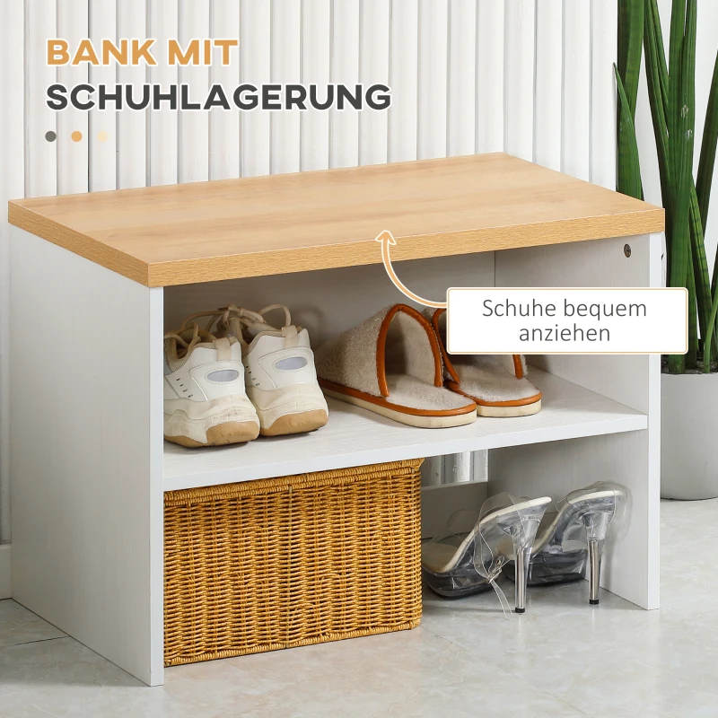 HOMCOM Garderobe mit Schuhbank, 1 Hutablage, 4 Kleiderhaken, Natur + Weiß