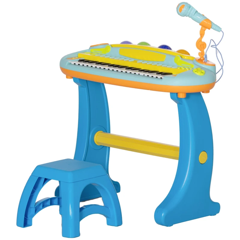 AIYAPLAY 37-Key Kids Piano w/ Microphone, Stool, LED Lights, Record & Replay, Function, Blue