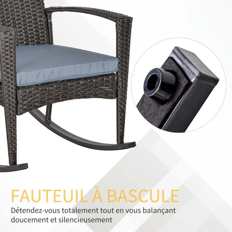 Outsunny Fauteuil à bascule rocking chair avec coussin d'assise déhoussable 66L x 88l x 98H cm résine tressée imitation rotin gris
