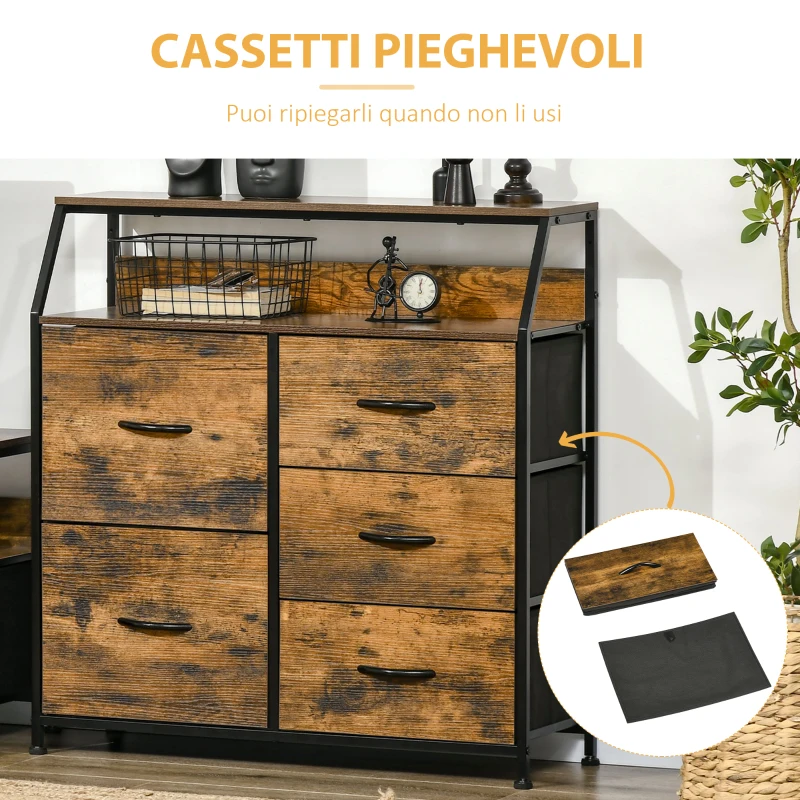 HOMCOM Mobile Cassettiera con 5 Cassetti in Tessuto Pieghevoli Stile Industriale, 83.5x29x87cm, Marrone