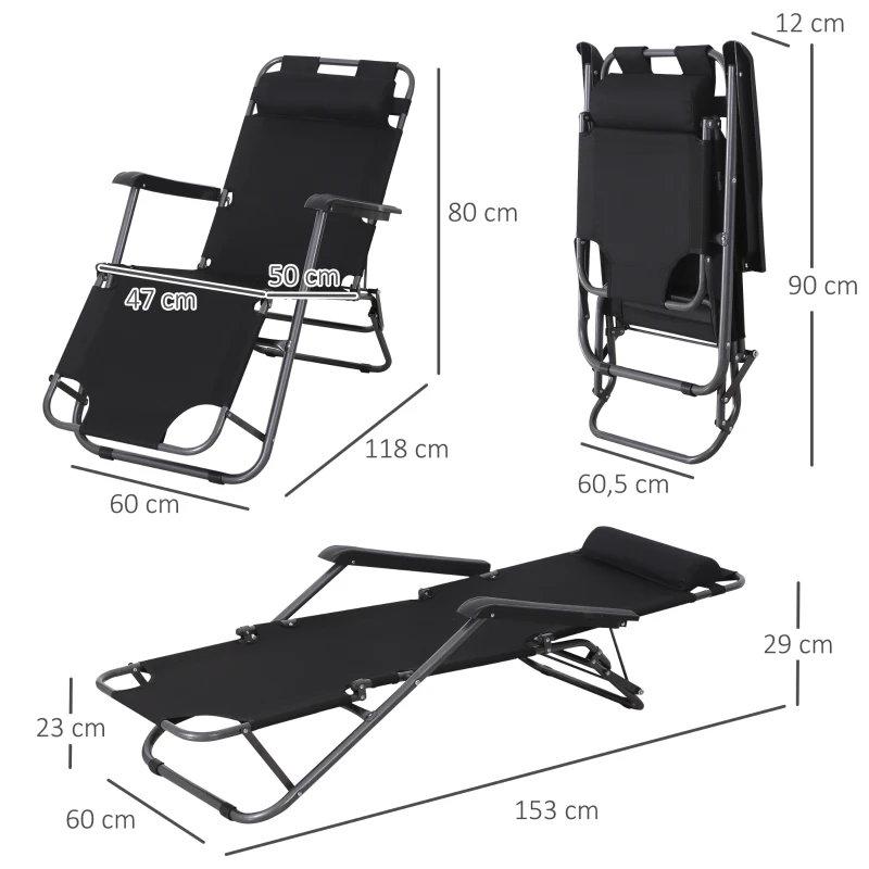 Outsunny Sonnenliege mit Kissen, Klappbare Strandliege, 2-Stufige Gartenliege , 2-in-1 Relaxliege, Metall + Oxfordstoff, Schwarz 118 x 60 x 80 cm