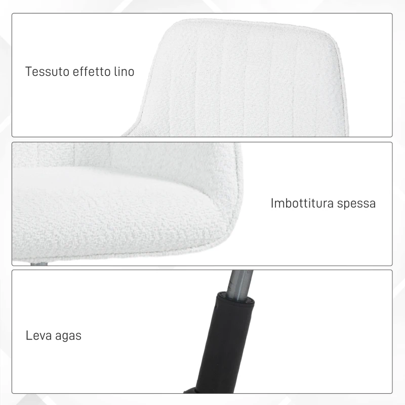 HOMCOM Sedia da Ufficio in Tessuto con Altezza Regolabile, Seduta Girevole e Ruote, Bianco