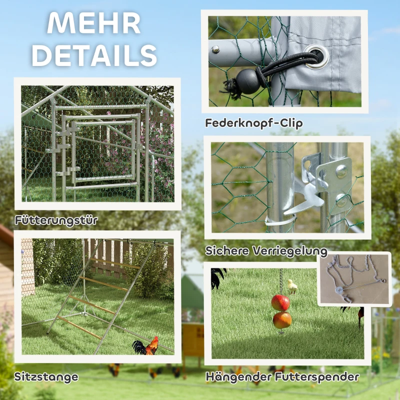 PawHut Hühnerstall, Freilaufgehege für Hühner, mit UV-beständiger Plane, Stahlgitter, Futterautomat, für 18-24 Hühner(m-7)