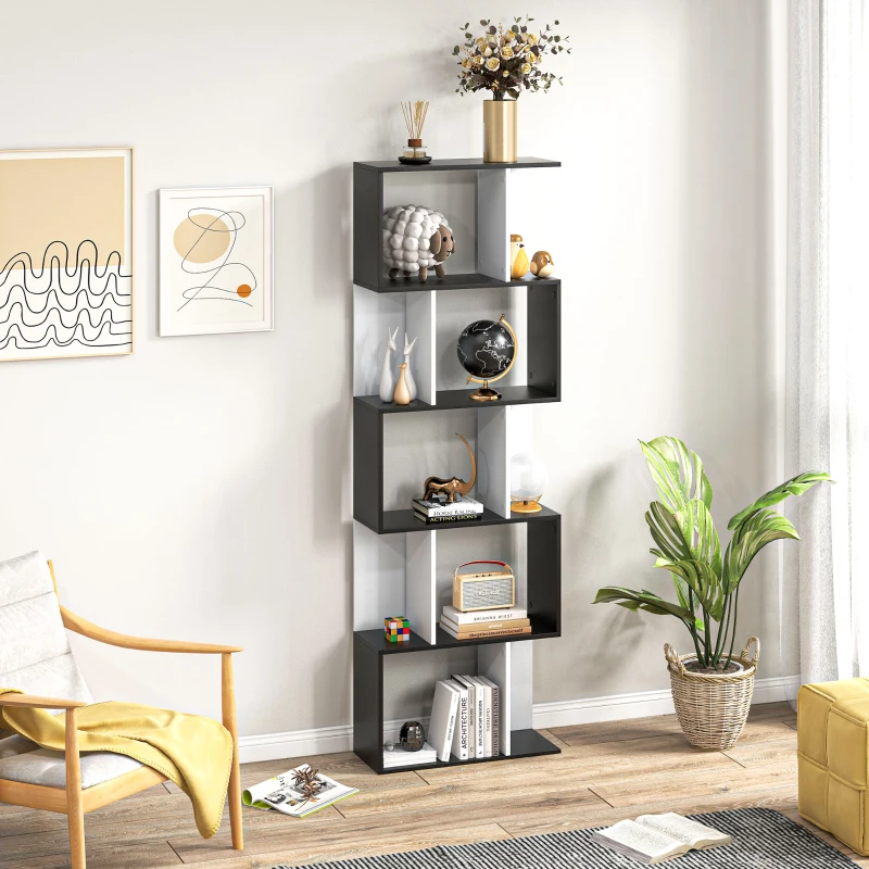 HOMCOM Bookcase, S-Shaped Wooden Bookshelf, 5/6 Tiers Freestanding Storage Shelf, Home Office Decorative Display Stand Rack, Black and White, 24D x 60W x 184.5H