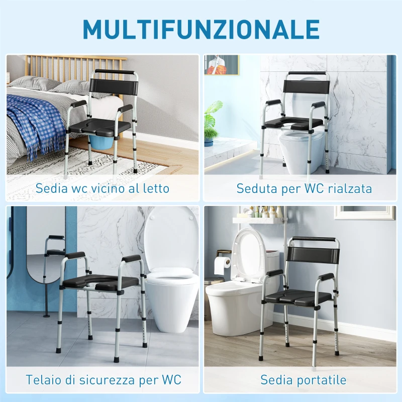 HOMCOM Sedia WC Pieghevole e Regolabile con Braccioli e Schienale, in Acciaio e Pelle PU, 52.5x46x81.5-97 cm, Nero