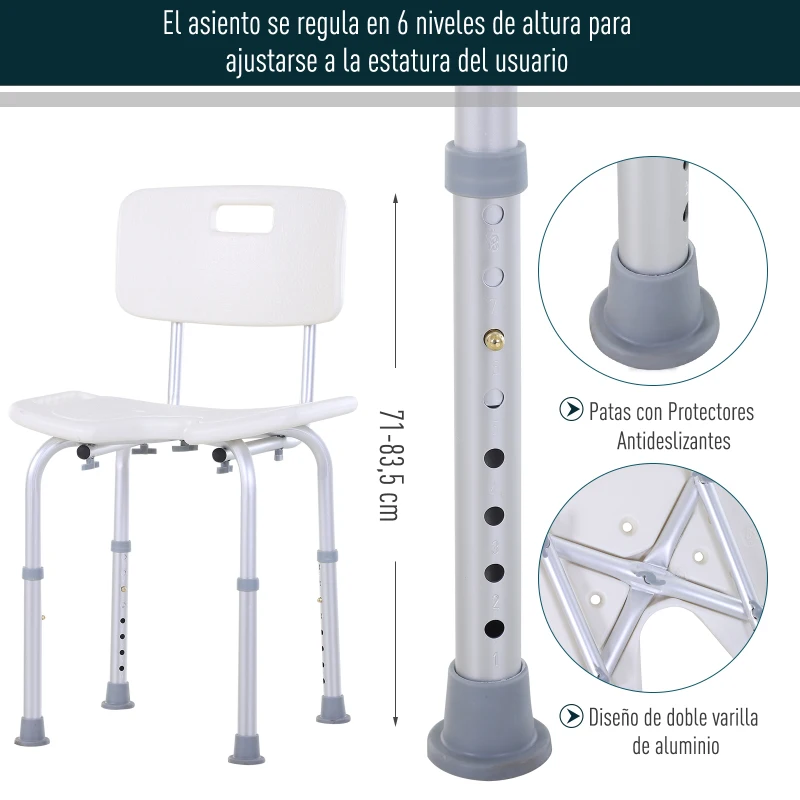 HOMCOM Taburete de Ducha Silla de Baño con Respaldo Altura Ajustable en 6 Niveles Pies Antideslizantes para Ancianos 39,5x36,5x71-83,5 cm Blanco