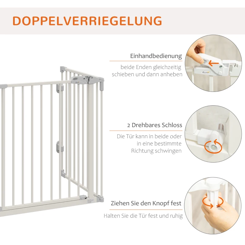 PawHut Hunde Absperrgitter Türschutzgitter Haustierschutzgitter verstellbar klappbar Kamingitter mit automatische schließenden Tür 3 Paneele für Ofen Wandmontage/Freistehend Weiß 202,5 x 76 cm