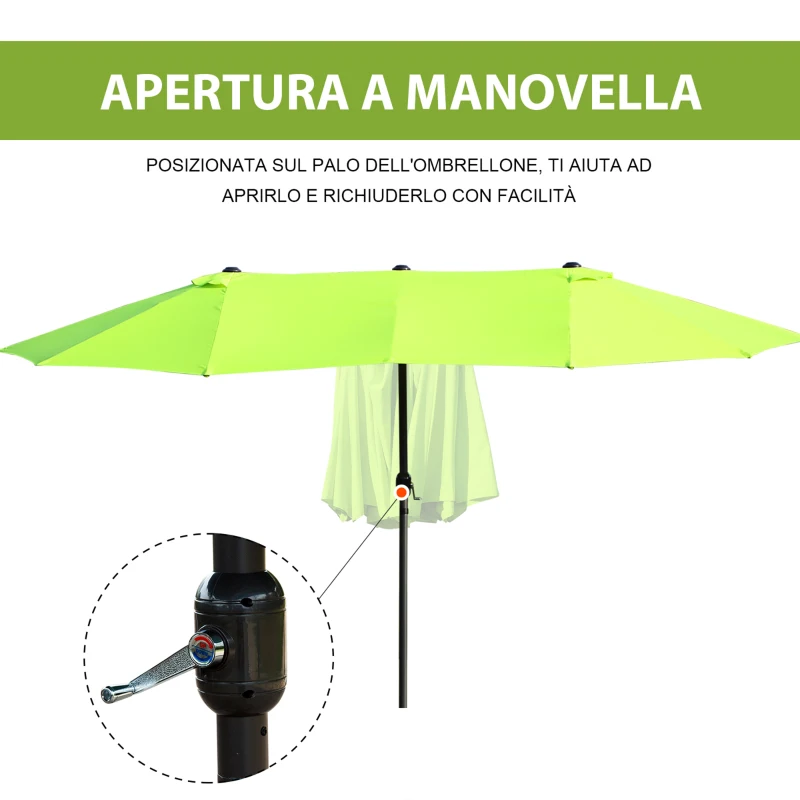Outsunny Ombrellone da Giardino Doppio con Apertura a Manovella, in Acciaio e Poliestere, 460x270x240 cm, Verde Chiaro
