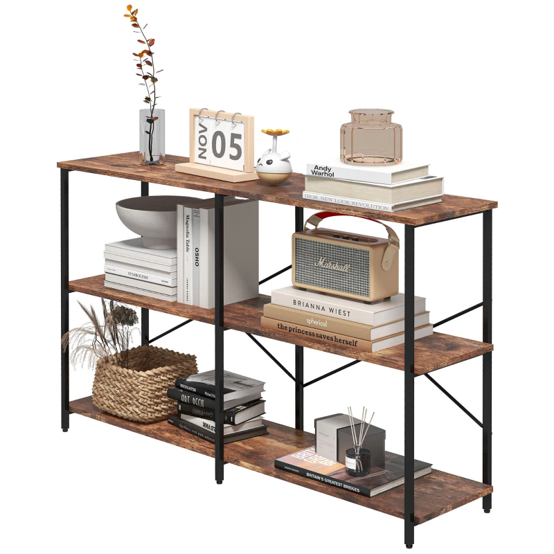 HOMCOM 3-Tier Industrial Style Shelf Metal Frame Smooth Shelves Adjustable Feet Home Office Display Storage Unit Sleek 76x120cm Brown