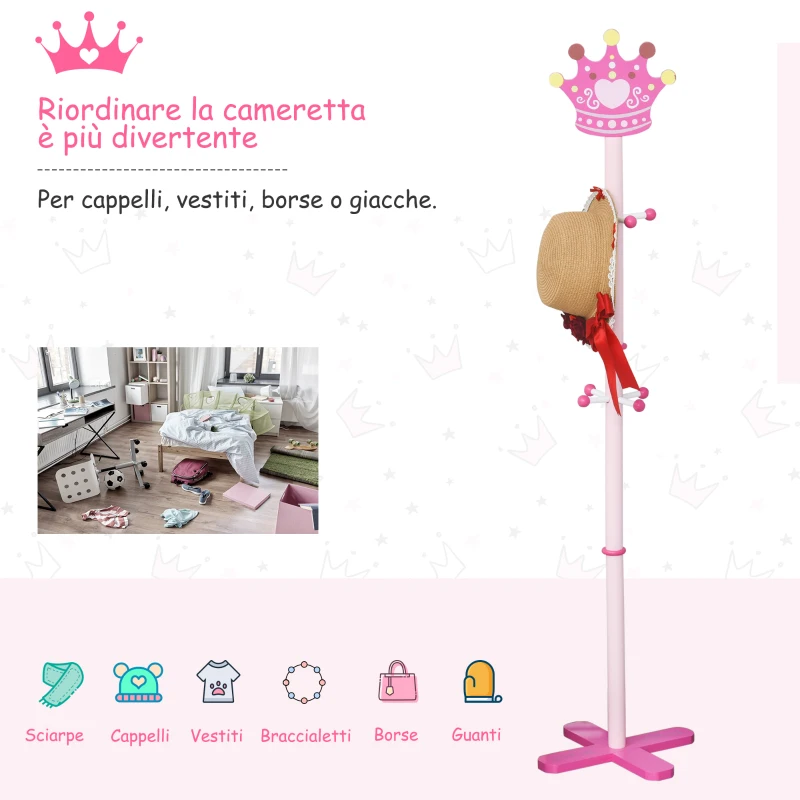 HOMCOM Appendiabiti da Terra per Cameretta Bambini in Legno Rosa con 8 Ganci e Design a Forma di Corona 35 x 35 x 142cm