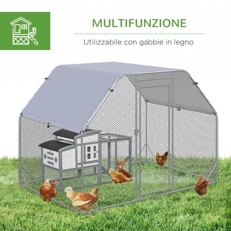 PawHut Recinto per Galline con telo di copertura per 4-6 polli in acciaio, 280x190x195 cm