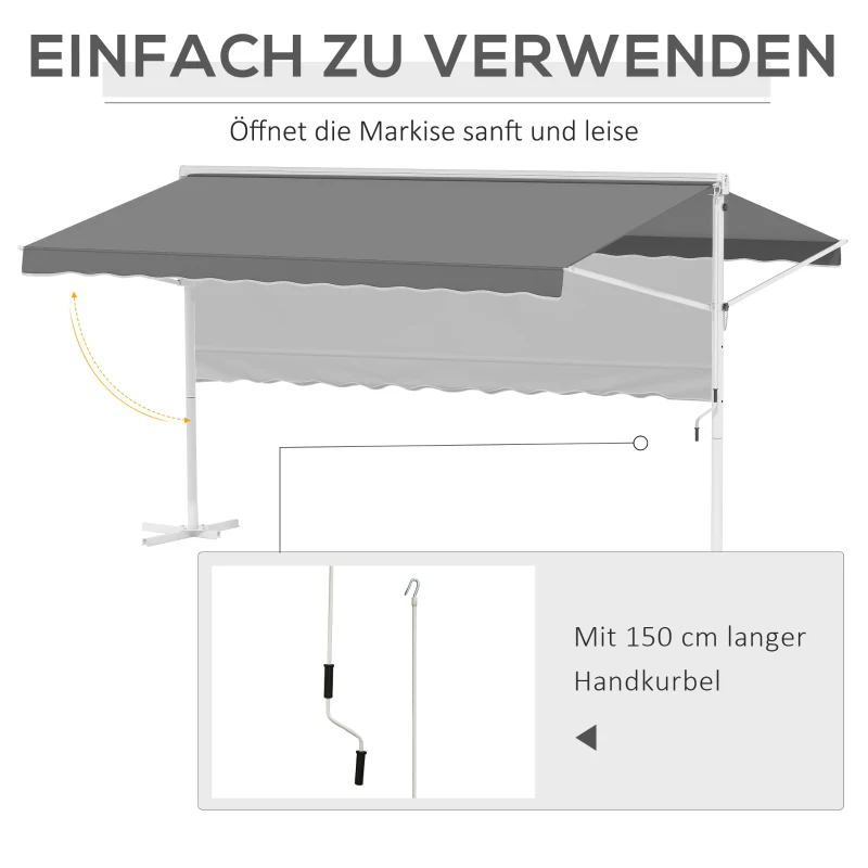 Outsunny Standmarkise Markise 4,5 x 3,4m Terrassenüberdachung Gartenmarkise mit Faltarm Kurbel Terrasse Grau Alu Metall