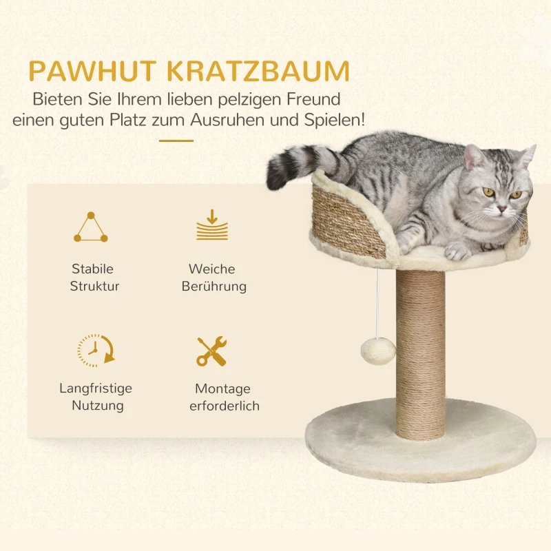PawHut Kratzbaum Katzenbett Katzenkorb, inkl. Spielball, 40 cm x 40  cm x 49cm, Natur + Cremeweiß