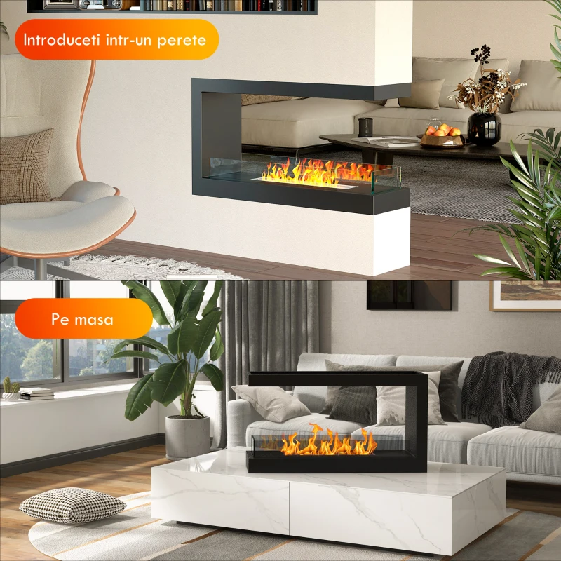 HOMCOM Semineu cu Bioetanol cu 3 Laturi cu Arzator de 2.4L si Durata 4 Ore, Biosemineu cu Panou din Sticla si  Capac 30㎡, 100x30x55cm, Negru